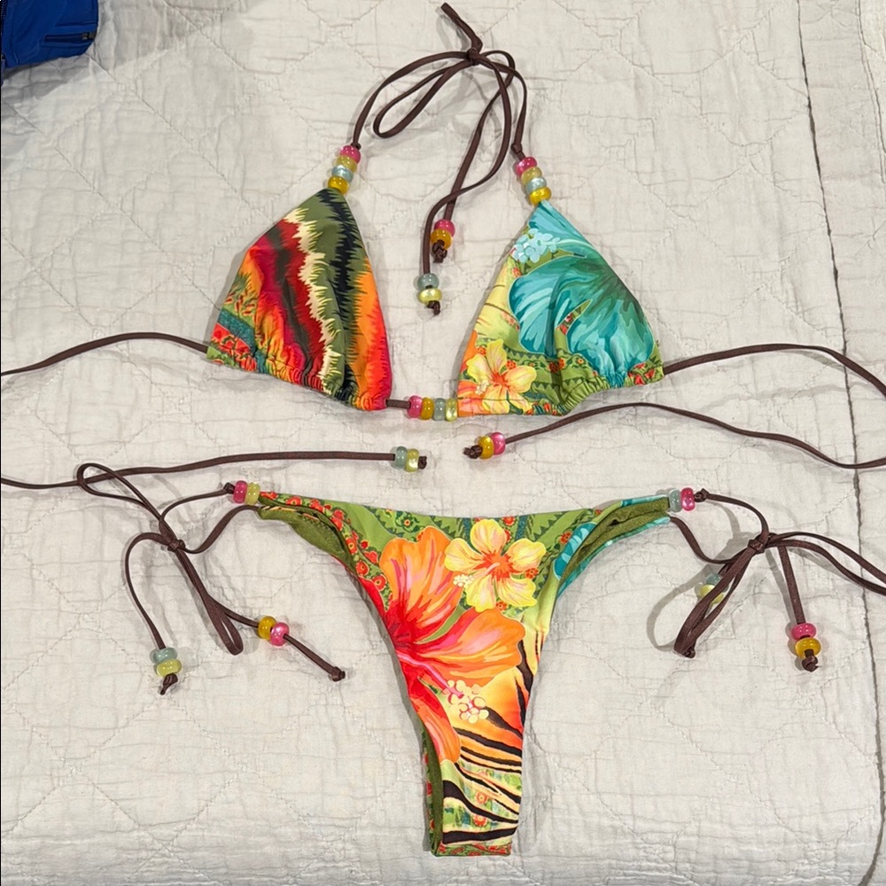 Tiger Mist Colorful Floral Bikini with Beaded Straps